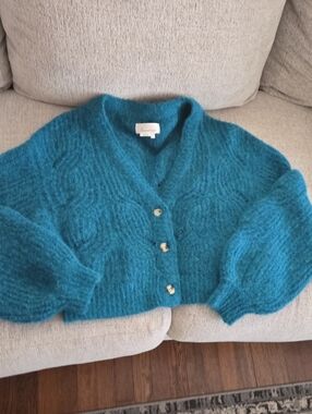Anthropologie Teal Cropped V-Neck Button Cardigan